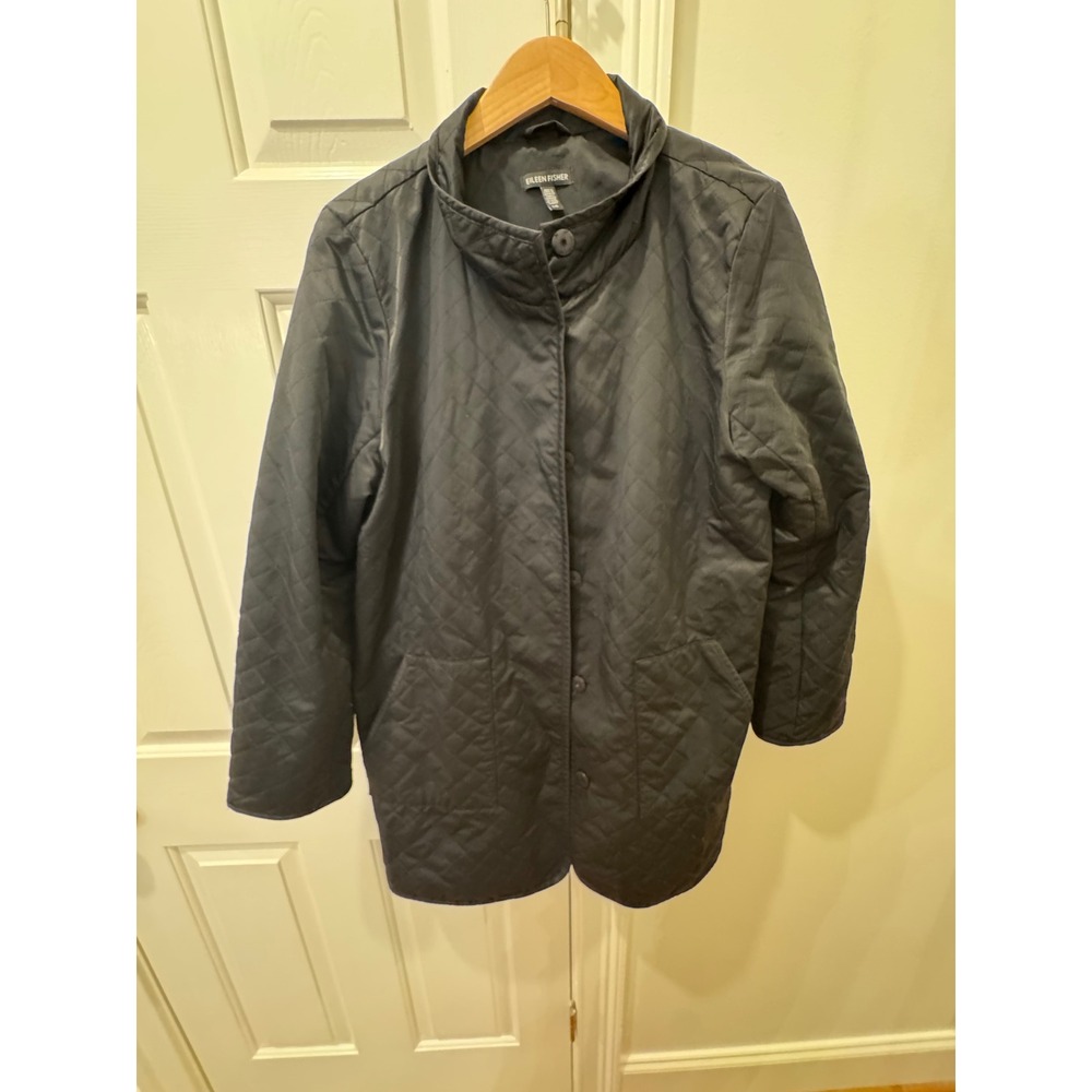 Eileen Fisher Black Quilted Snap Front Jacket Stand Collar Fleece Lined Womens L